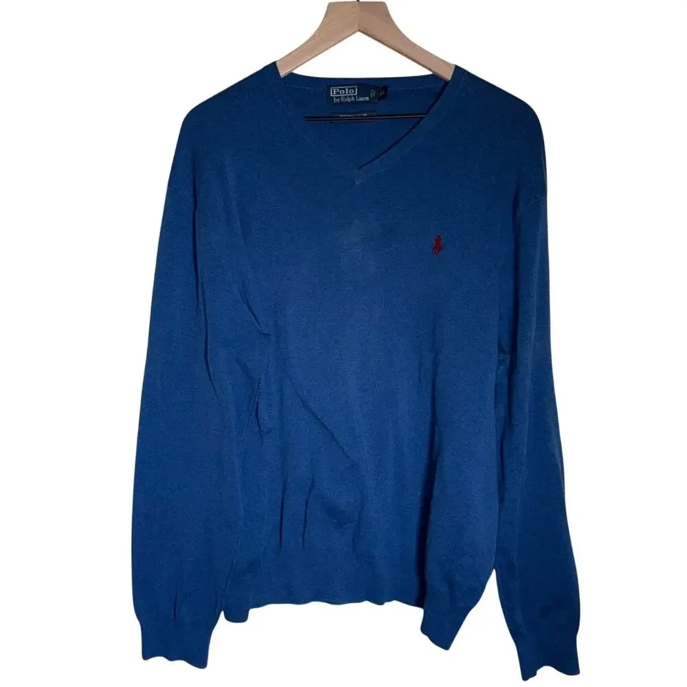 POLO RALPH LAUREN classic pima cotton men’s blue v neck sweater XL